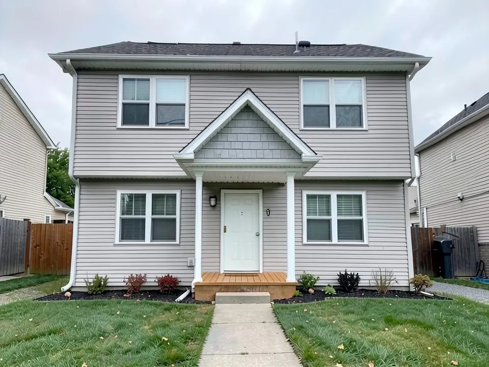 The same house with a gable-front entrance porch over the door: a white-trimmed gable roof with a grey shingle-look triangle, two white columns and a small wooden deck in front of the door, with the same windows, shrubs, path and lawn