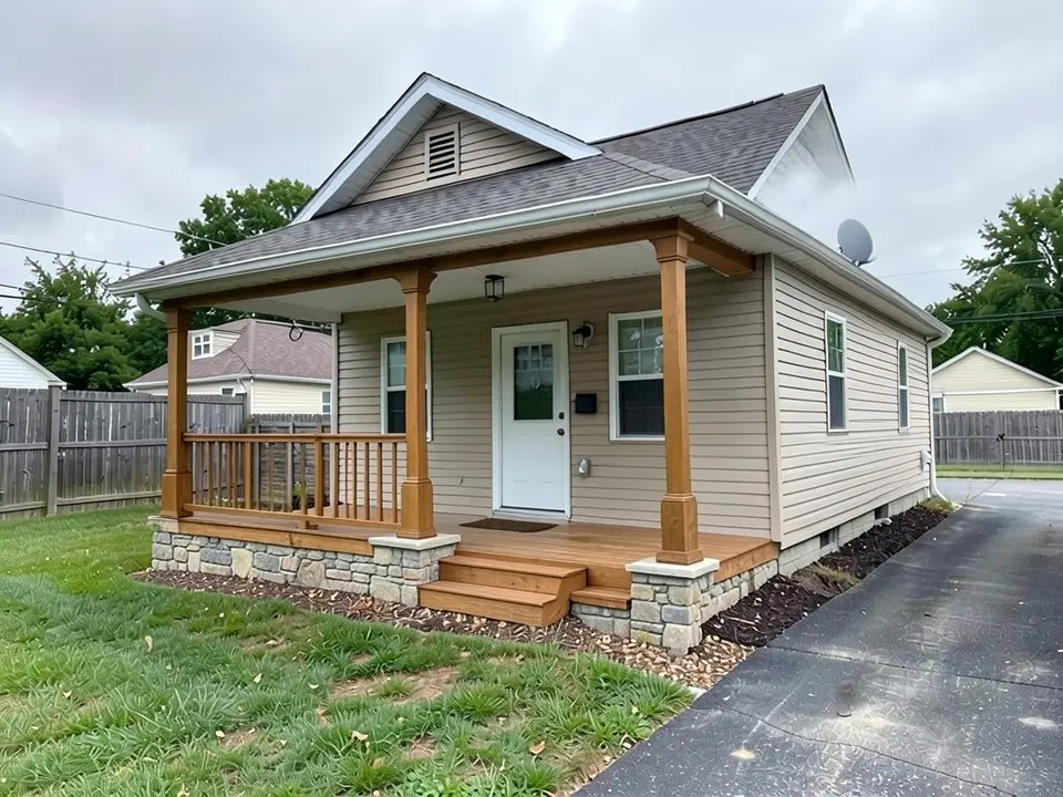 The same house with a wood-and-stone porch: timber columns, a timber beam under the roof edge, a low timber railing on the left, a wooden deck with wooden steps and a stone-faced base, under the same roof and beside the same driveway