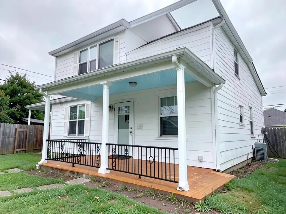 The same porch with white columns, a black metal railing with scroll details, a warm orange-brown wood deck floor and a pale blue ceiling, under the same roof, with the same walls, windows and lawn
