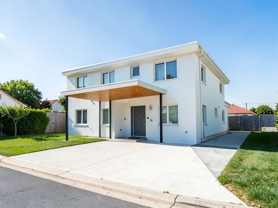 The same house with a thin flat canopy with a warm timber underside on slim black steel columns over the drive in front of the front door