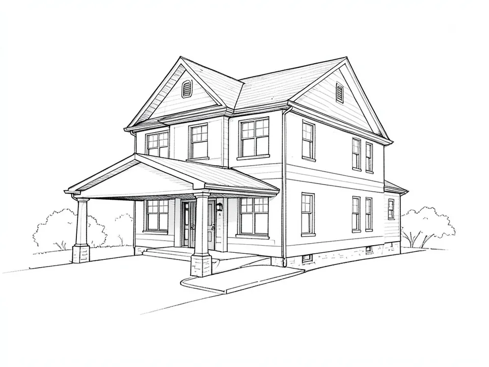 A black pencil line sketch of a traditional two-storey house with a gabled covered entrance on columns at the front door and a driveway in front