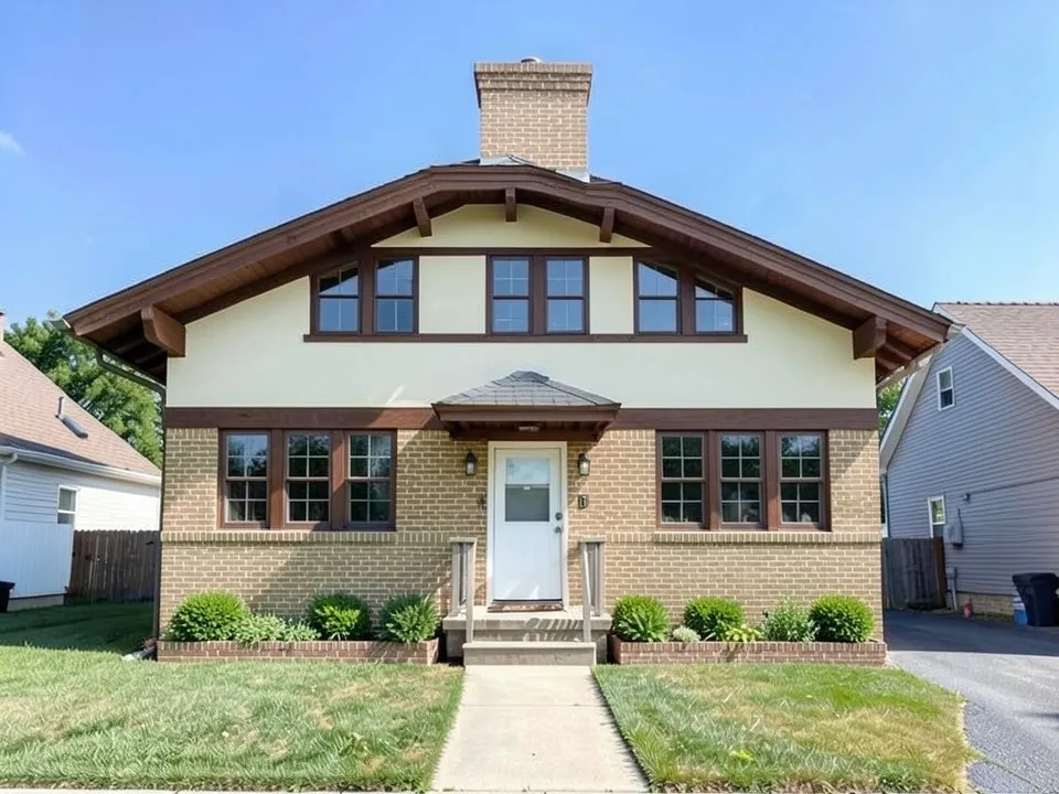 The same house with a wide low-pitched roof with deep brown eaves and timber brackets, buff brick on the ground floor, cream stucco above, a band of dark-framed windows upstairs, grouped windows below, brick planters with shrubs and a tall brick chimney