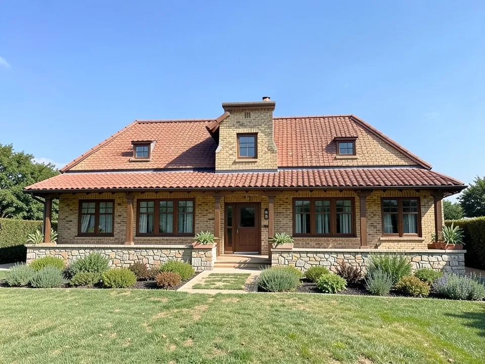 A photo-like render of the same house in tan brick with a red-brown tile hipped roof, bands of dark wood windows, a stone terrace wall and planters, a lawn, low shrubs and a blue sky