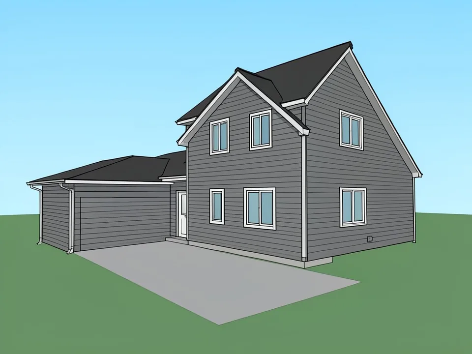 SketchUp-style shaded model export of a two-storey gable house with an attached one-storey garage wing on the left, flat grey siding with black edge lines, white-framed windows, a dark roof, a flat grey driveway, flat green ground and a light blue sky