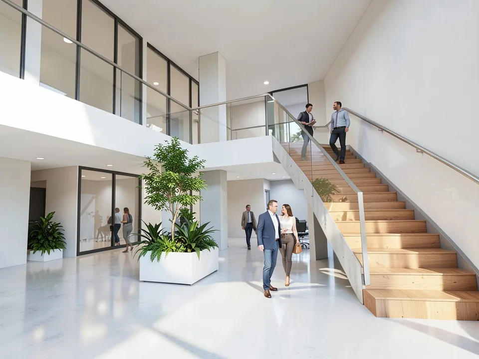 Photorealistic photo of the same office atrium with a polished light concrete floor, oak stair treads, daylight with sun patches, a small tree in the planter, a second potted plant, a desk behind the stair, a white back wall and office workers walking on the floor and down the stairs