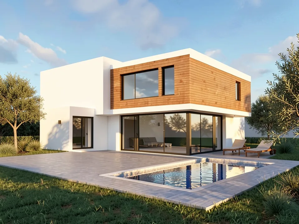 Photorealistic late-afternoon photo of the same villa with crisp white walls, grained timber cladding, sky and tree reflections in the glass, a rippled pool, two sun loungers, olive trees, grasses, a hedge along the lawn and a blue sky with clouds
