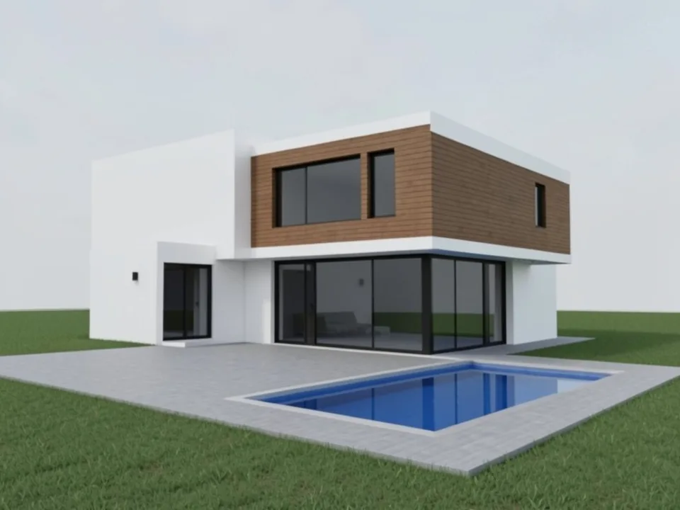 Low-resolution flat render of a white two-storey flat-roofed villa with a timber-clad upper box, full-height ground-floor glazing with a sofa inside, a rectangular pool with flat blue water, a grey paved terrace, grass and a plain grey sky