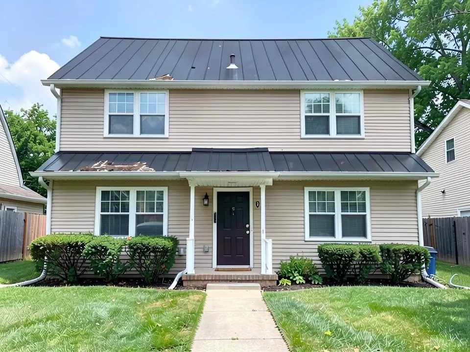 The same house with a very dark grey metal roof showing long vertical ribs on the main roof and on the lower roof over the front door, with the same beige siding, windows, door, shrubs, lawn and path