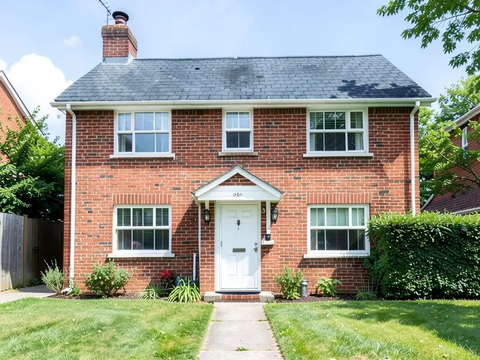 The same brick house with a blue-grey roof of small rectangular tile shapes and darker stained patches and a tree shadow, the same chimney and antenna, windows, white door, lawn and hedge