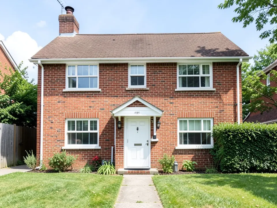 Front of a two-storey red brick house with white-framed windows, a white front door under a small gabled hood, a brown shingle roof with a brick chimney and a TV antenna, a lawn and a tall hedge on the right