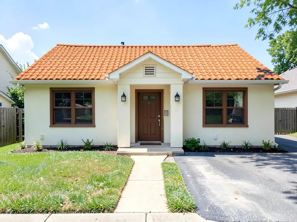 The same house with a bright terracotta-orange roof of curved barrel tiles over the whole roof behind the cream gable above the door, with the same cream walls, brown windows and door, lanterns, lawn and driveway