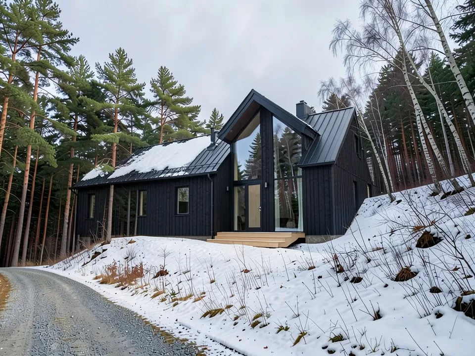 The same clearing with a small black timber-clad house: a taller gable entrance with a full glass wall and wood steps, a lower side wing, a black metal roof partly covered with snow and a chimney; the snow, track and trees unchanged