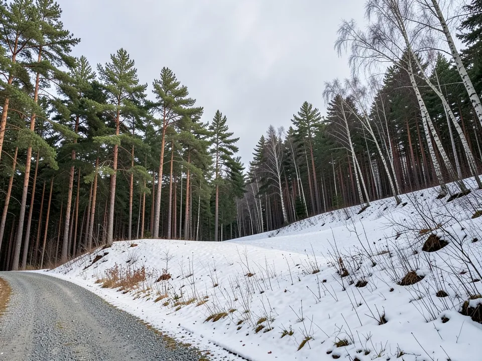 An empty sloping forest clearing in winter with light snow on the ground, a gravel track coming in from the bottom left, tall pine and birch trees around the edges and a grey sky