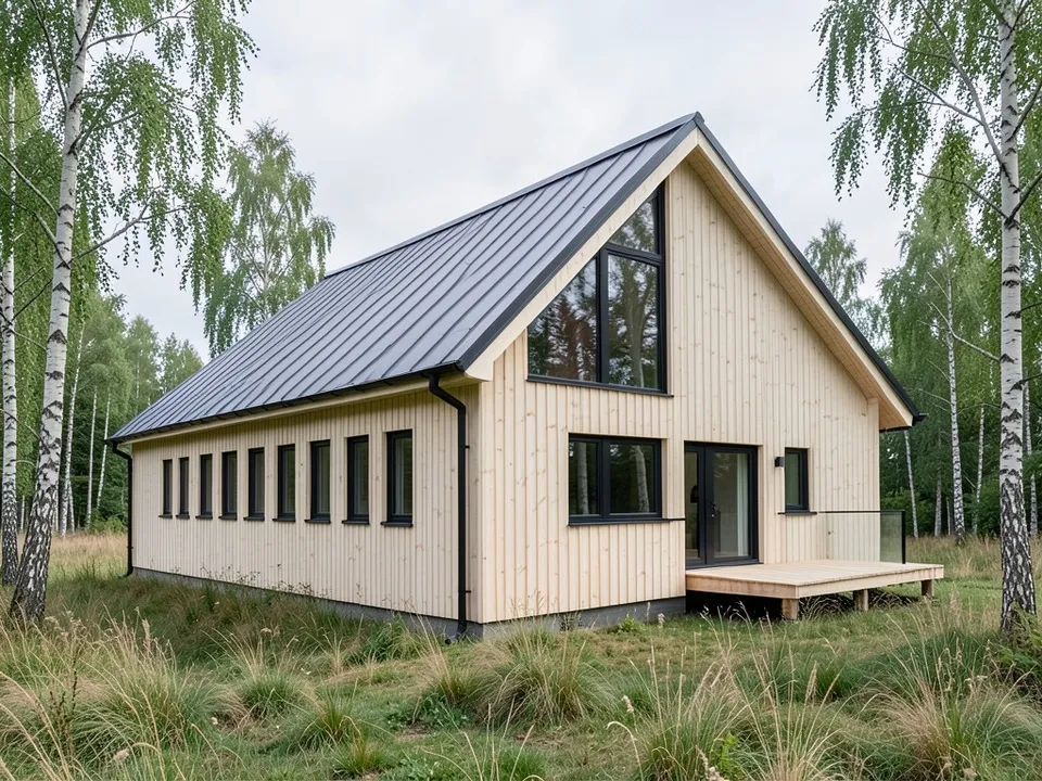 A photo-like render of the same house with pale vertical larch cladding, a dark grey standing-seam metal roof, black window frames, a light wood deck with a glass railing, birch trees and wild grass around it
