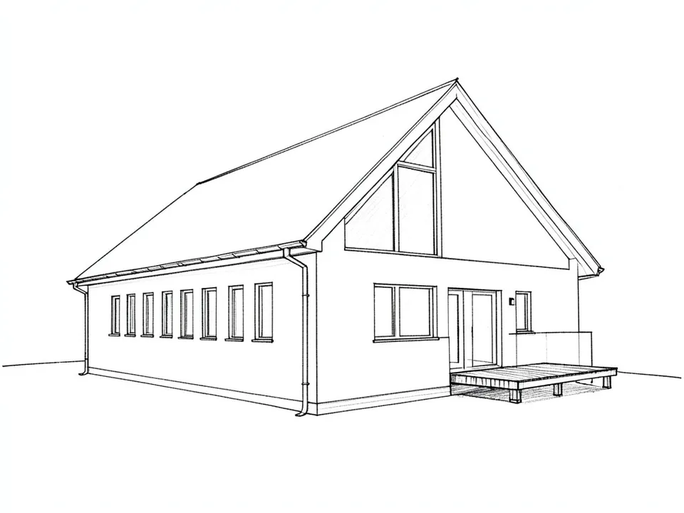 A black pencil line sketch on white paper of a long single-storey house with a steep gable roof and no eaves, a big floor-to-ceiling window in the gable end, a row of narrow vertical windows along the side and a small deck by the door
