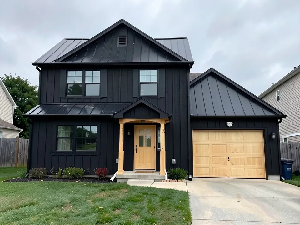 The same house with black vertical board-and-batten cladding, a black standing-seam metal roof, black window frames with the shutters removed, a light wood front door under a small gable on light wood posts and a light wood garage door; lawn and driveway unchanged