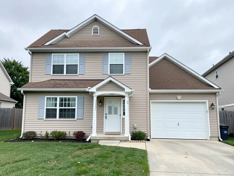 Front of a two-storey suburban house with beige vinyl siding, a brown shingle gable roof, white windows with fake shutters, a white door under a small portico, an attached garage with a white door, a lawn and a concrete driveway