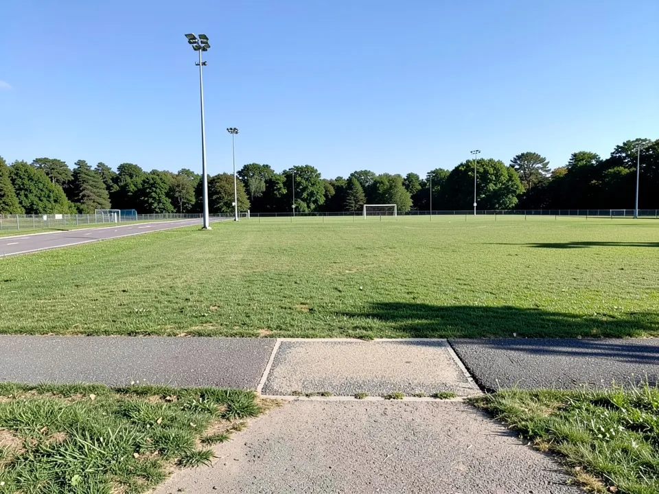 A flat grassy site used as a sports field with floodlights and a goal, a road on the left, a footpath in front and trees
