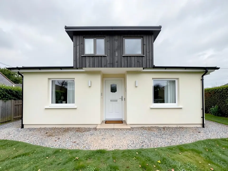 The same house with the tiled roof gone and a box-shaped second storey clad in dark vertical timber boarding on top, with two windows and a flat roof with an overhang, and a thin dark flat roof edge across the ground floor, with the same cream walls, door, windows, gravel drive, hedge, fence and lawn