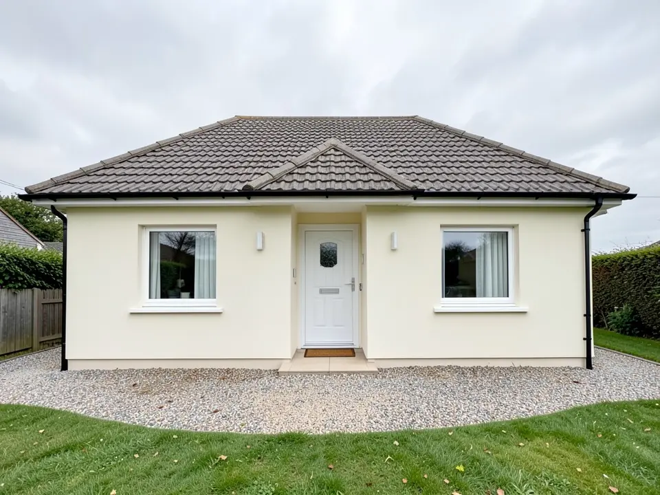 Front of a single-storey cream rendered house with a dark tiled hipped roof, a white front door with a small step, a white-framed window on each side of it, black gutters and downpipes, a gravel drive, a hedge, a fence and a lawn