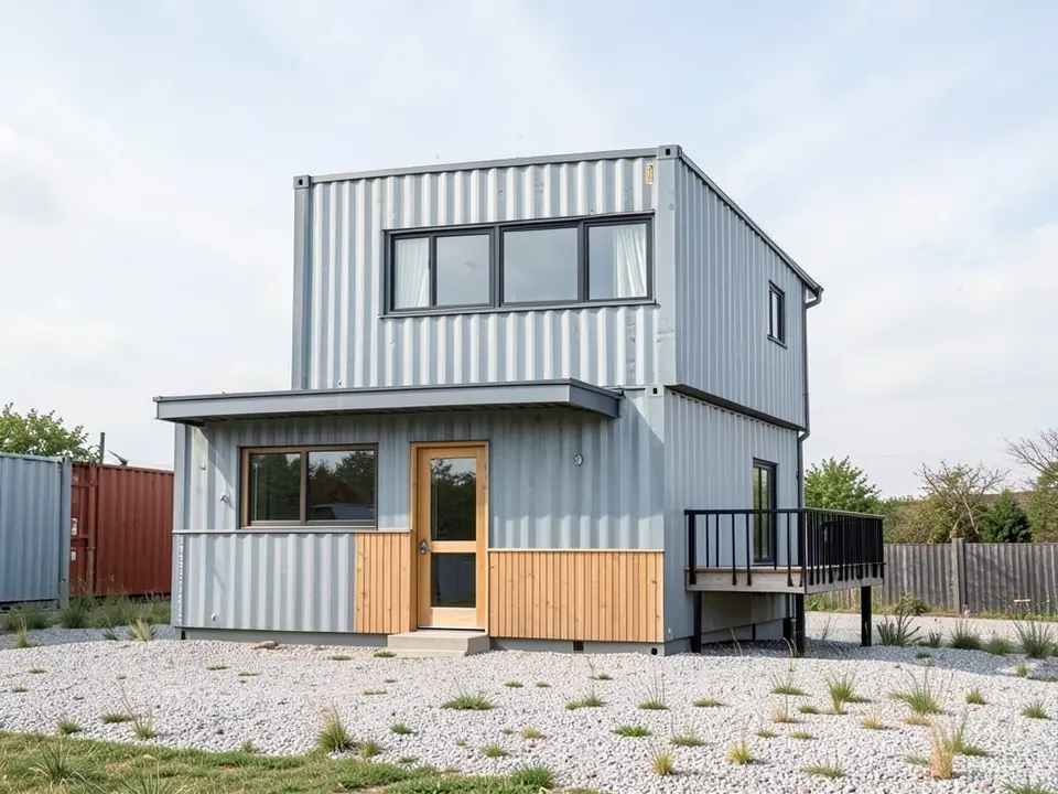 A photo-like render of the same two-box house in grey corrugated steel with timber cladding around the lower part of the front door, a wide black-framed window on the upper box, a black railed deck on the right and a gravel yard with a fence and a red container behind