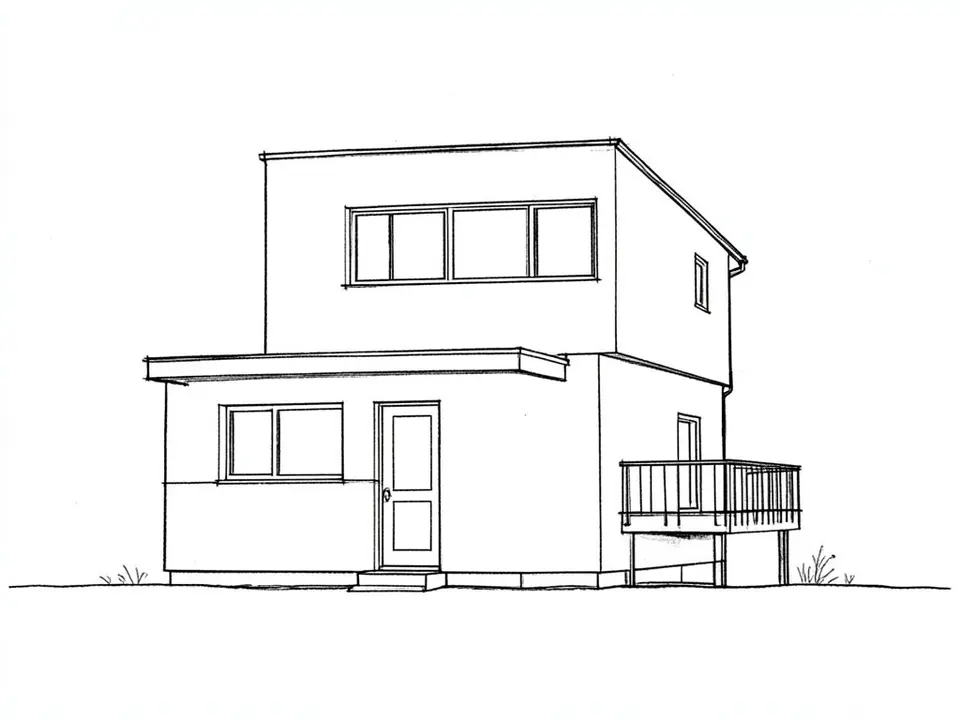 A black pencil line sketch on white paper of a two-storey flat-roofed house made of two boxes, the upper box set back above the lower one, with a small canopy over the door, a window on each floor and a small deck with a railing on the right