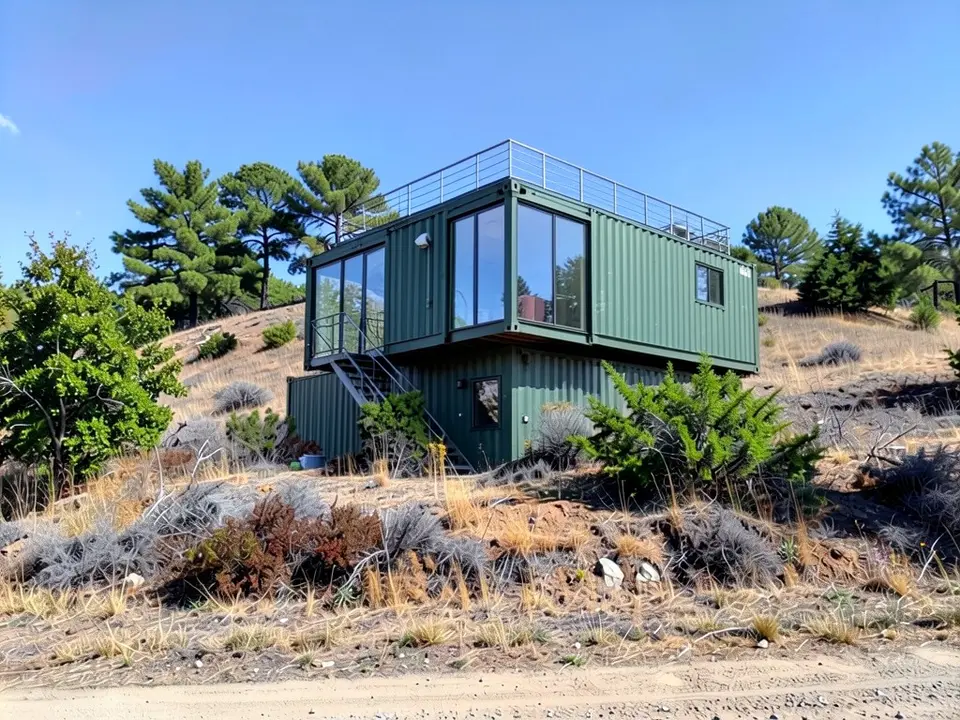 The same hillside with a dark green corrugated steel home of two stacked containers, the upper one overhanging with a glass end, a steel stair at the left, a railing around the roof and the lower container partly set into the slope