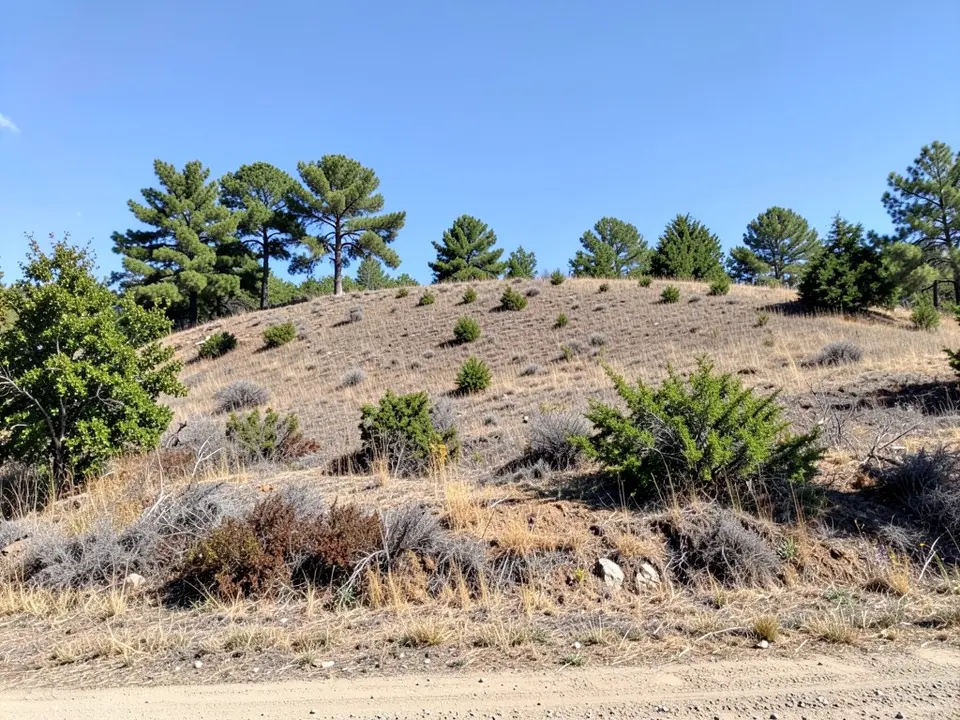 A dry sloping hillside with dry grass, shrubs and pine trees along the top and a dirt track along the bottom of the picture