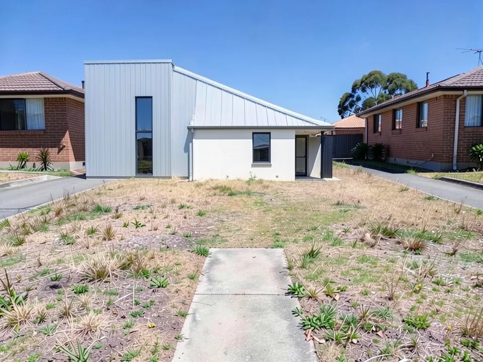 The same block with a new single-storey white rendered house under a light grey metal roof sloping down to the right from a tall light grey clad section on the left with one tall narrow window