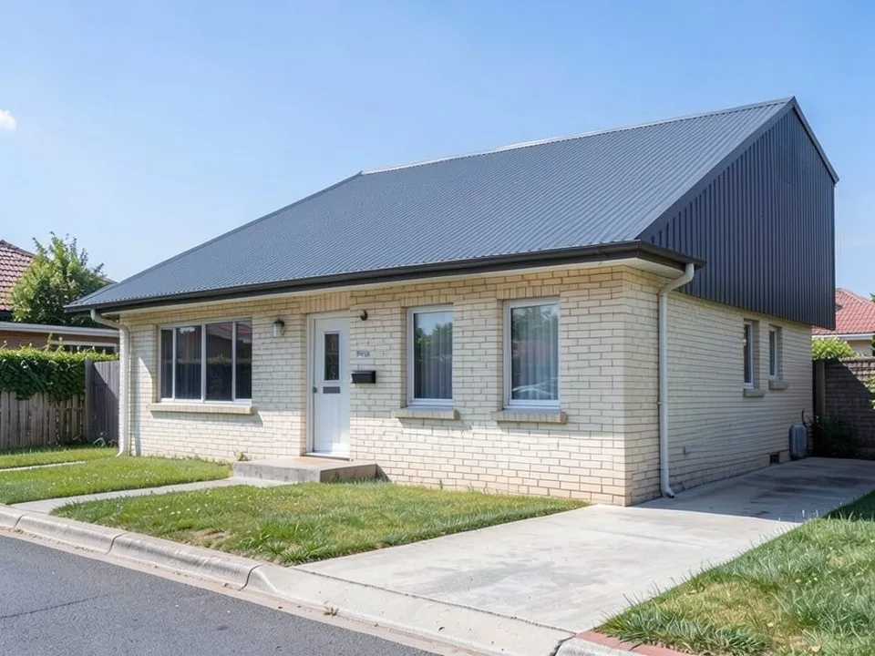The same brick house with a single dark grey corrugated metal roof rising from the left to a tall dark clad wall on the right, with the same windows, door, driveway and lawn