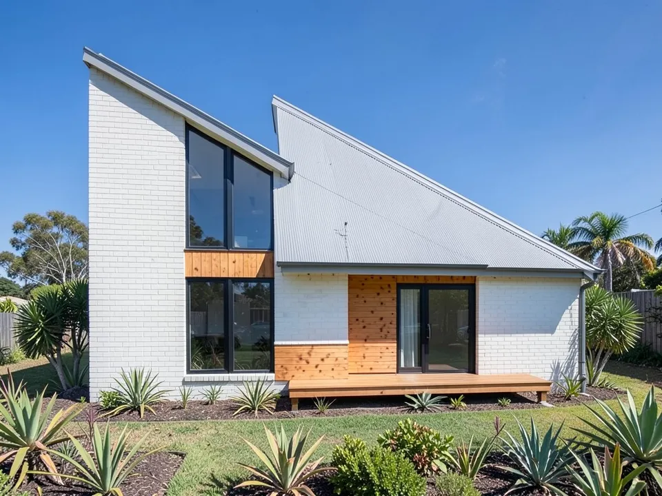 A photo-like render of the same house with two light grey metal skillion roofs, white brick walls, a tall black framed window wall, a timber panel, a timber deck and agave plants under a blue sky