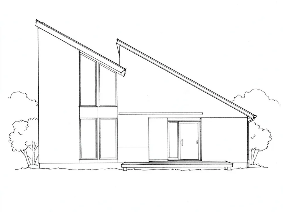 A black pencil side-view sketch of a modern single-storey house with two stepped sloping roofs, a tall window wall on the high side, a door and a deck