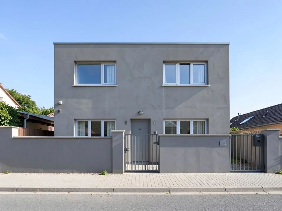A grey plaster two-storey box house with a flat roof, four square windows and a grey boundary wall with two steel gates on a street