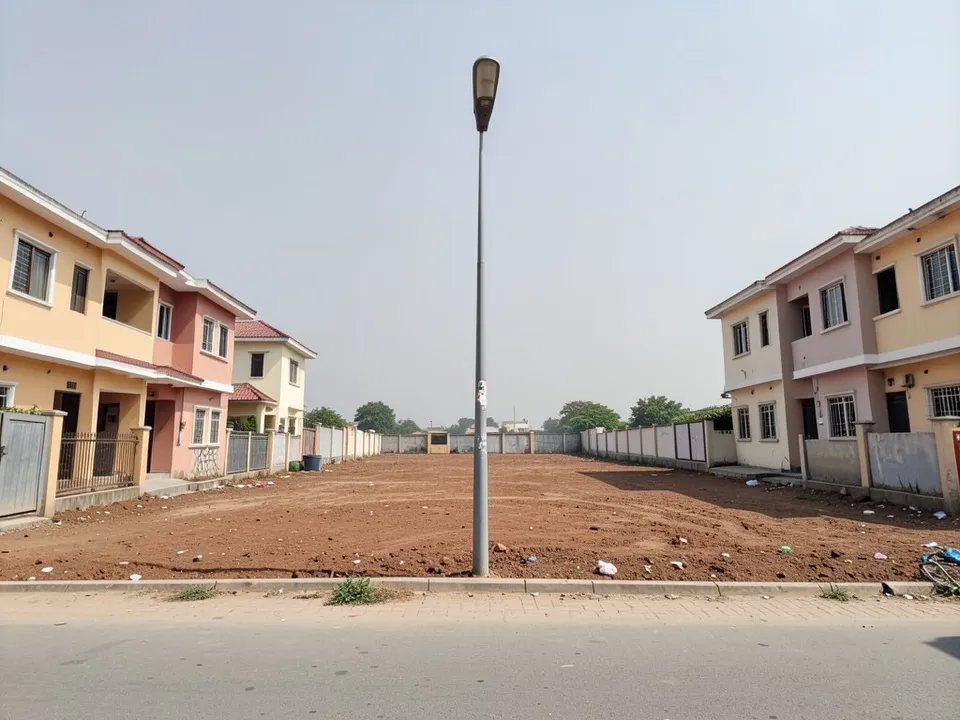 A wide empty plot of bare earth between pastel two-storey houses with boundary walls, with a streetlight and a paved street in front