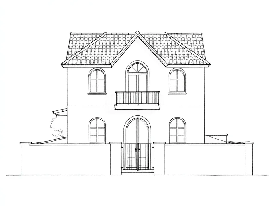A pencil line sketch of a two-storey house with a hipped tile roof and a front gable, arched windows, a small balcony, an arched door and a boundary wall with a gate