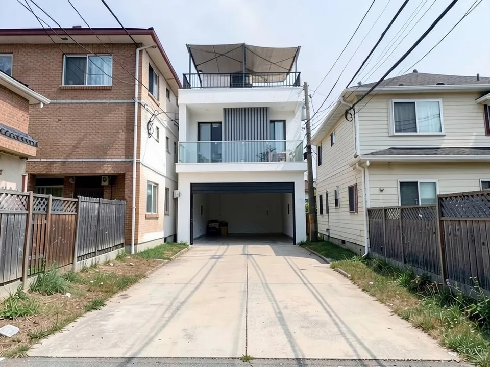 The same plot with a white three-storey house at the far end, open parking on the ground floor, a glass-railed balcony with grey vertical louvres on the second floor and a roof deck with a railing and a fabric shade canopy