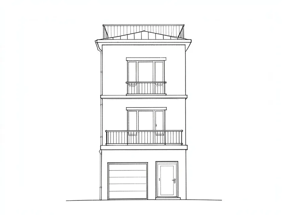 A pencil line sketch of a tall narrow three-storey house with a garage door and a front door on the ground floor, a balcony on the first floor, a window with a small railing on the second floor and a rooftop railing