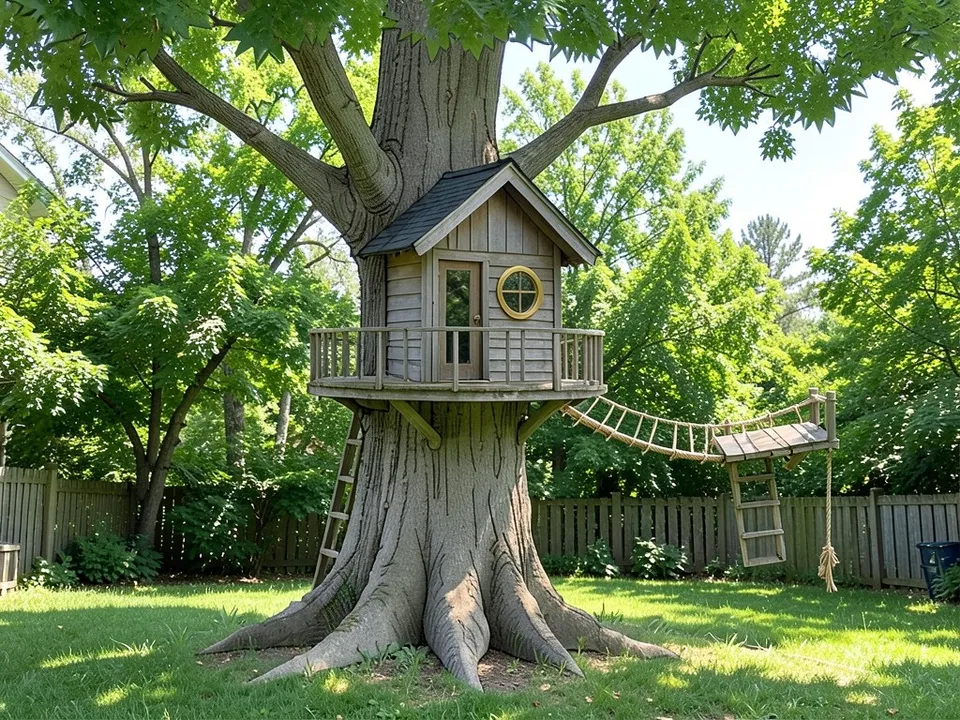 A photo-like render of the same treehouse in weathered grey cedar with a dark shingle roof, a brass-ringed round window, a rope-railed bridge, the tree in leaf and a green backyard