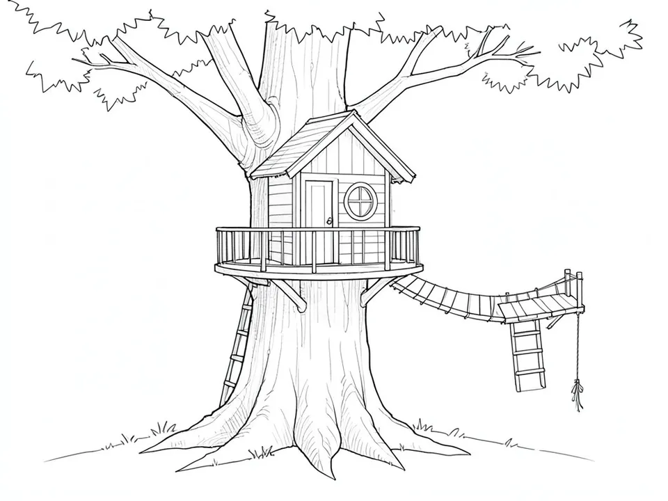 A pencil line sketch of a treehouse around a big trunk: a round platform with a railing, a small gabled cabin with a round window, a rope bridge to a second small platform and ladders