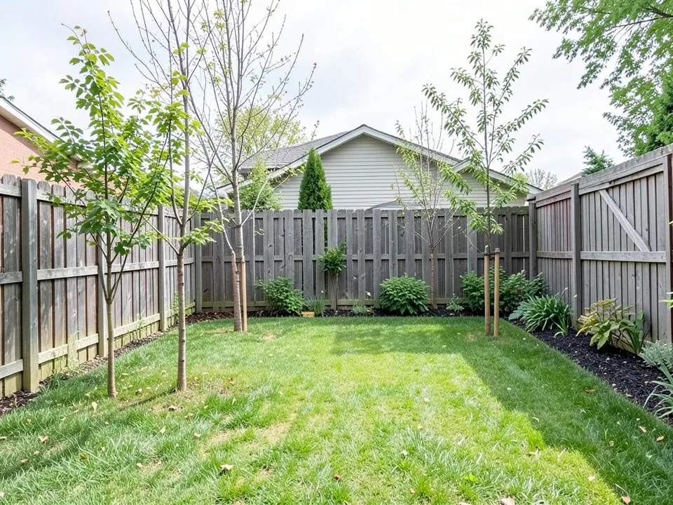 A small backyard with a lawn, young staked trees, wood fences, shrubs and a neighbouring house