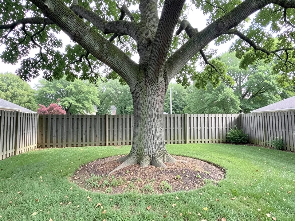 A suburban backyard with a big old oak on a mulch ring in the lawn, a wood fence and trees beyond