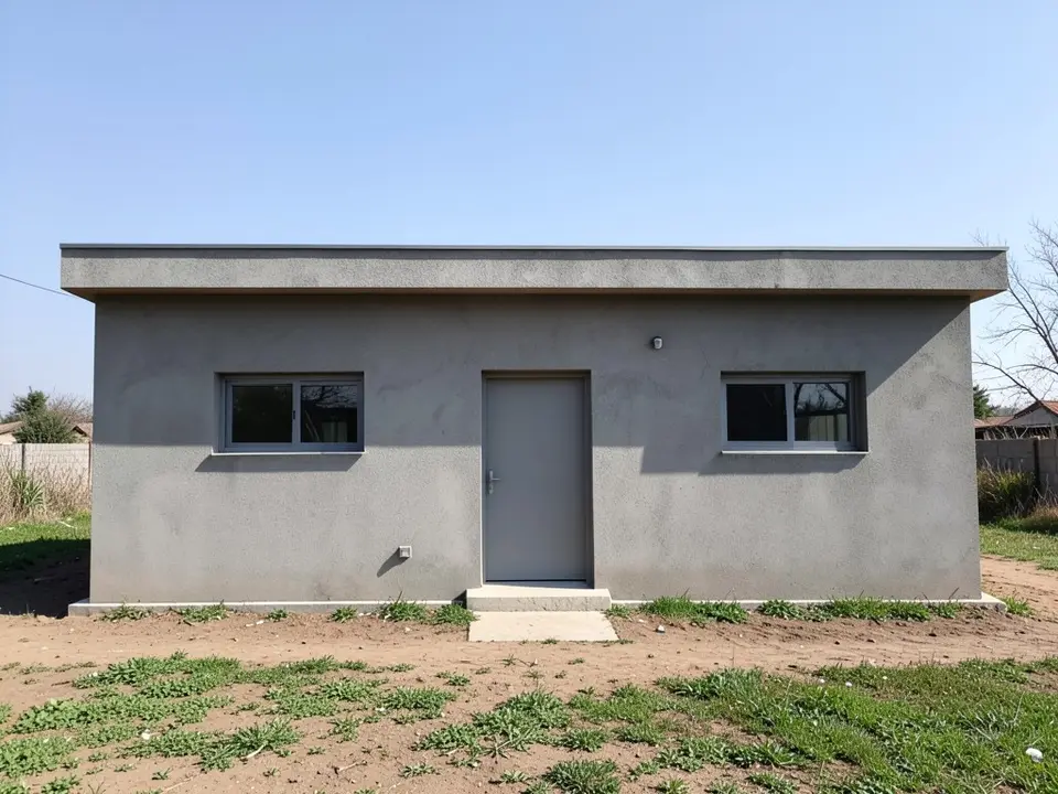 Front of a plain single-storey grey concrete box house with a flat roof, two small windows, a plain door and a bare dirt and grass yard
