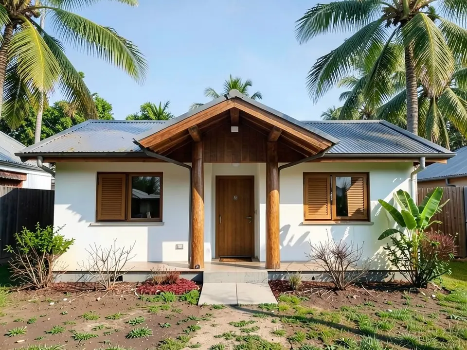The same bungalow with white walls, timber shutters, a gabled timber porch on log posts over the door and palm and banana plants around it