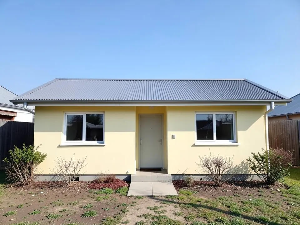Front of a small single-storey bungalow with pale yellow walls, a low grey metal roof with narrow eaves, a plain door, two windows and a bare yard