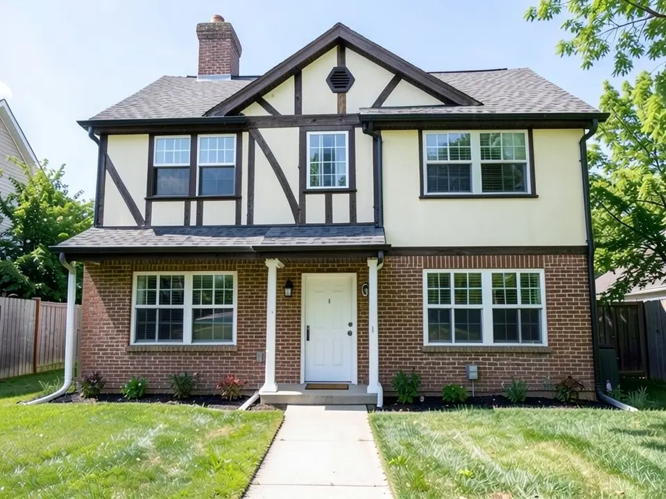 The same house with a red-brown brick ground floor, cream stucco on the upper floor with dark half-timber framing, a half-timbered front gable with a hexagonal vent, a brick chimney, the same porch on thin white posts and the same lawn and path