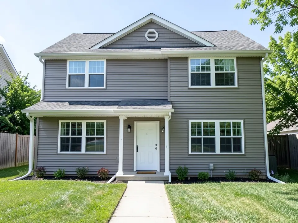 Front of a plain two-storey house with grey horizontal siding, a low gable roof with grey shingles and a round gable vent, a small porch on thin white posts, wide white-framed windows, a lawn and a concrete path