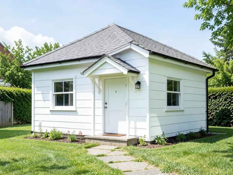 A small single-storey cottage with plain white horizontal siding, a low pitched grey roof, a plain door under a tiny porch roof, two small windows, a lawn and a stone path