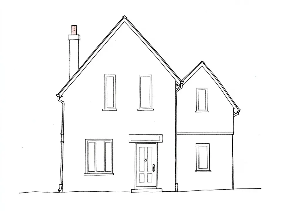 A black pencil line sketch on white paper of the front of a two-storey house with a steep gable roof, a smaller gable beside it, a chimney on the left, a door in the middle of the ground floor, tall narrow windows and a wide window on the lower left