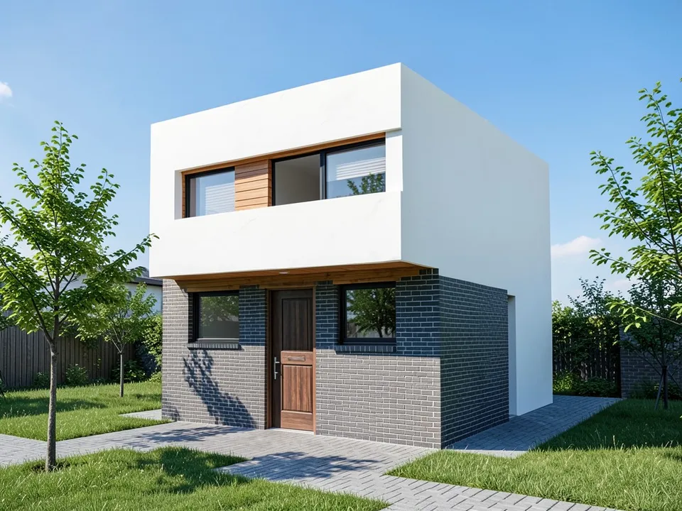 A photo-like render of the same house with white plaster upstairs, dark grey brick downstairs, black-framed glass in the window band, a thin wood soffit and panel, a dark wood door, a lawn, a paved path, young trees and a blue sky