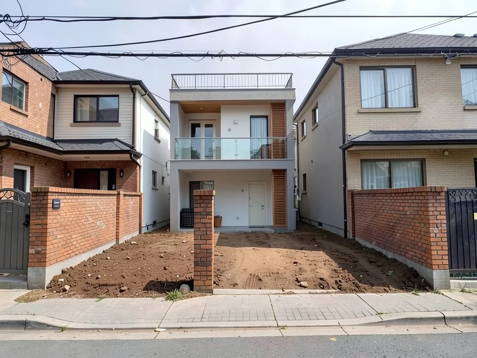 The same plot with a new white and grey two-storey house at the back of the plot, an upper balcony with a glass railing, a vertical wood-look louvre panel and a rooftop terrace railing; the earth, wall, gate opening, neighbours and power lines unchanged
